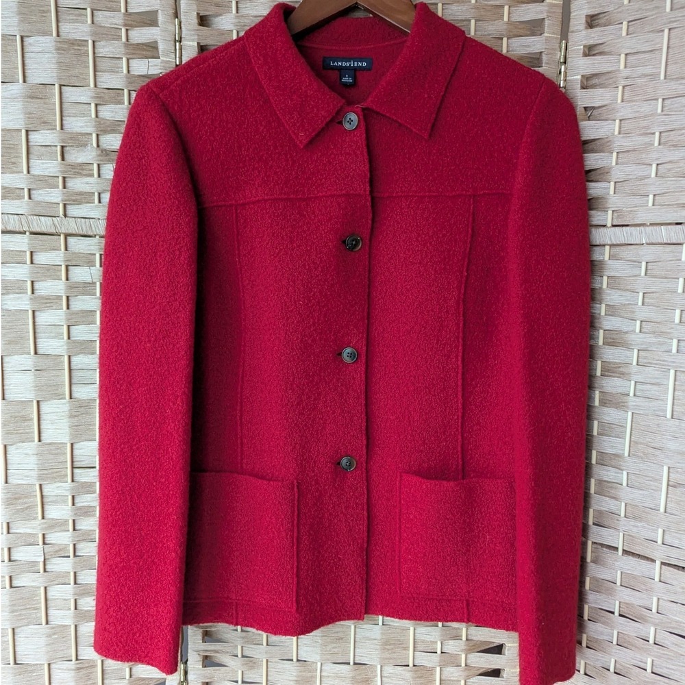 Vtg 90s Lands End Womens Red 100% Wool Button‎ Front Jacket Womens 6 Minimalist